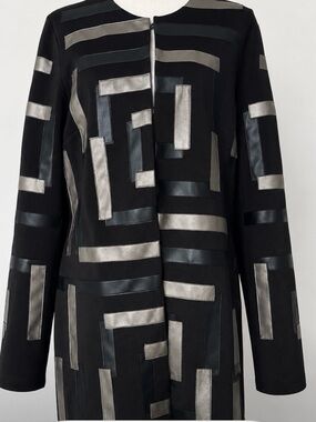 Joseph Ribkoff Black Metallic Faux Leather Geometric Jacket Blazer LG Classic